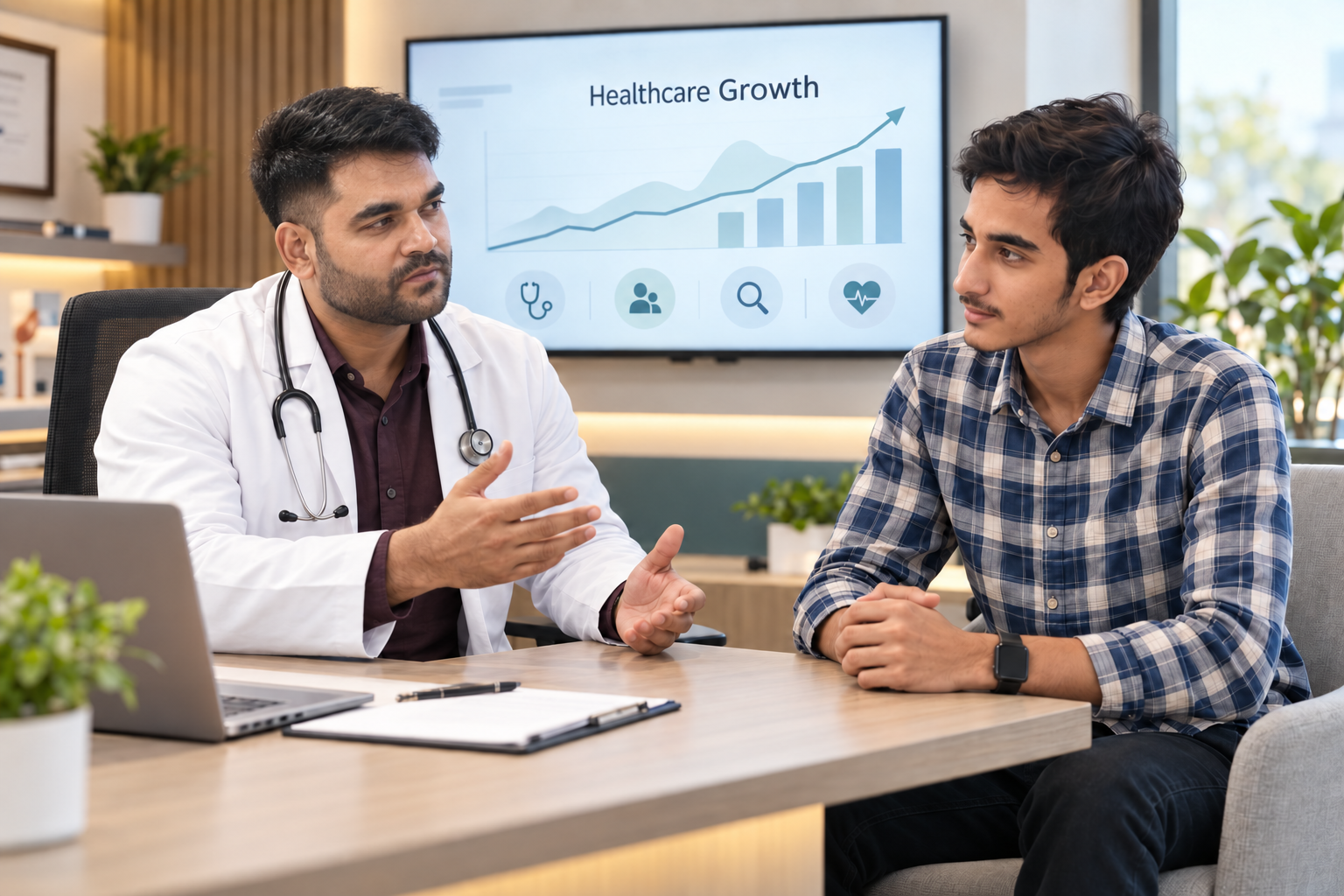 Doctor and patient discussion with a healthcare growth screen